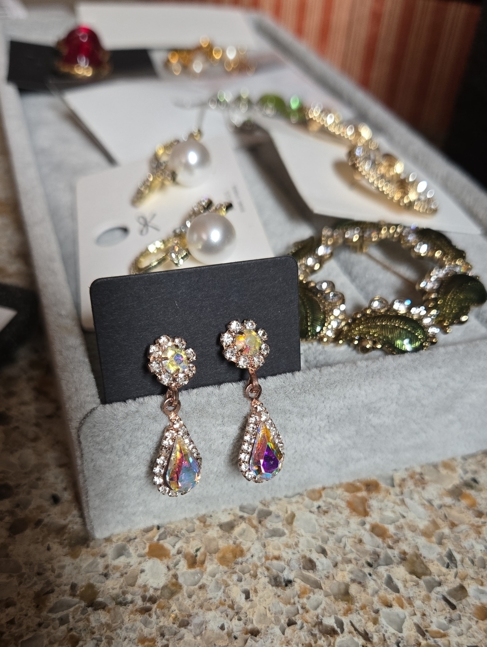 Vintage Iridescent AB Crystal Rainbow Color Teardrop Drop Earrings - Picture 12 of 14
